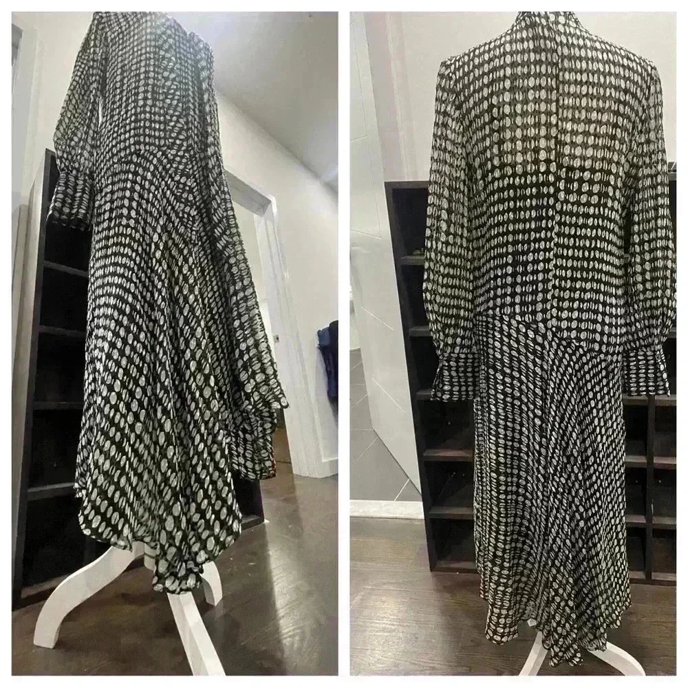 Theory Tie-Neck Long-Sleeve Broken Oval Silk-Blend Scarf Wrap Dress NWT - Picture 3 of 15